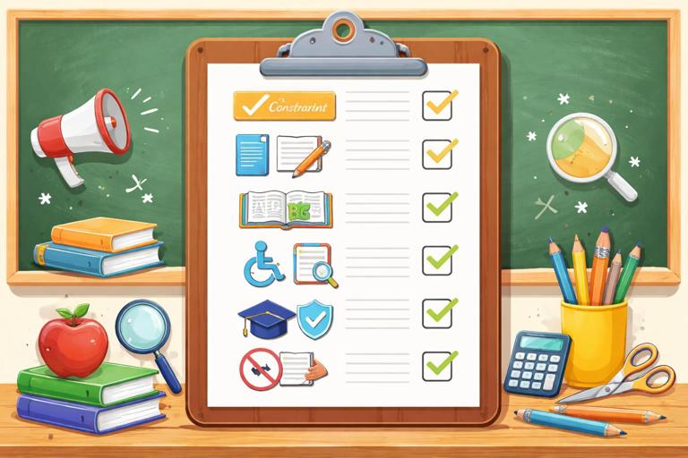 Classroom-themed infographic showing constraint categories: length, format, reading level, accessibility, assessment rules, academic integrity, content exclusions; icons and checkboxes on a clipboard; flat vector style, clean layout, no words in the image.