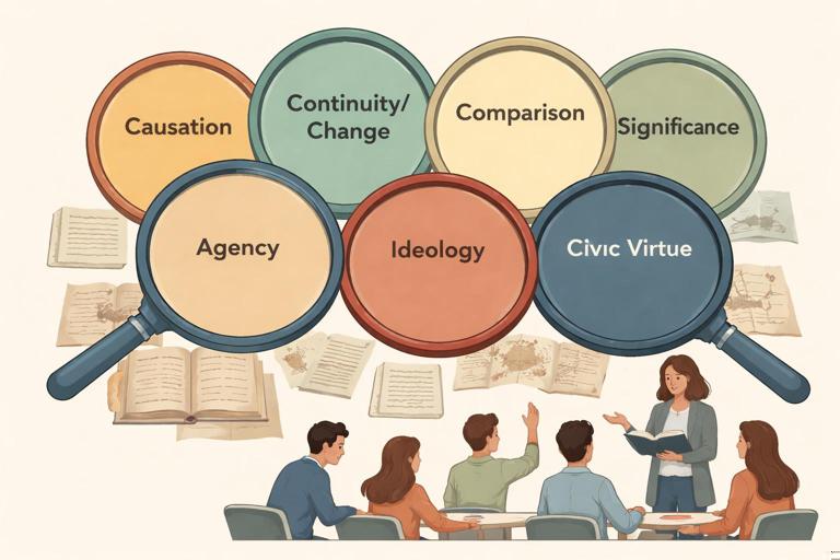 A conceptual illustration of overlapping lenses labeled Causation, Continuity/Change, Comparison, Significance, Agency, Ideology, Civic Virtue hovering over historical documents and a classroom discussion; minimalist flat design with muted academic colors.