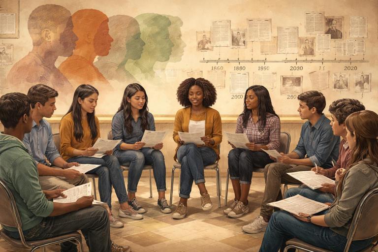 A classroom discussion circle with diverse students examining primary-source excerpts and a timeline on the wall; visual theme of identity and power represented by layered silhouettes and text fragments; respectful, documentary-style illustration; warm tones; no slogans.