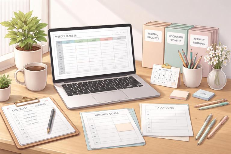 An organized teacher desk scene with a laptop open to a weekly planning document, neatly labeled prompt templates, calendar pages, sticky notes, and checklists; clean minimalist style, soft natural light, modern stationery, realistic illustration