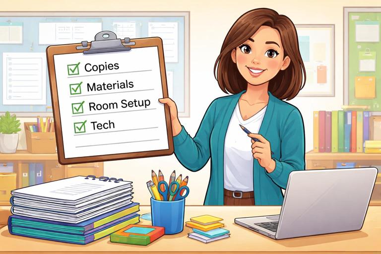 A visual checklist-style scene: a teacher holding a clipboard with sections labeled Copies, Materials, Room Setup, Tech; nearby are neatly stacked handouts, a laptop, and classroom supplies; clean educational illustration, bright but professional colors, high clarity