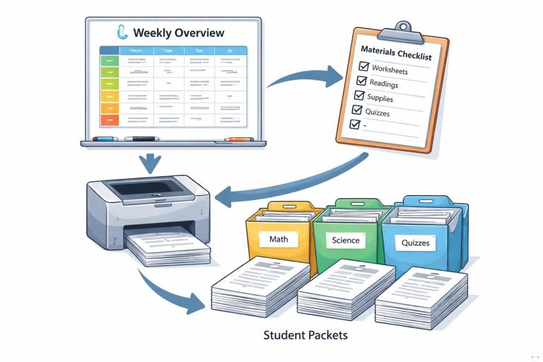 A classroom prep workflow illustration: a weekly overview document transforming into a materials checklist and printed packets, with arrows showing steps; includes a printer, labeled folders, and a whiteboard plan; clean infographic-like style, professional education theme