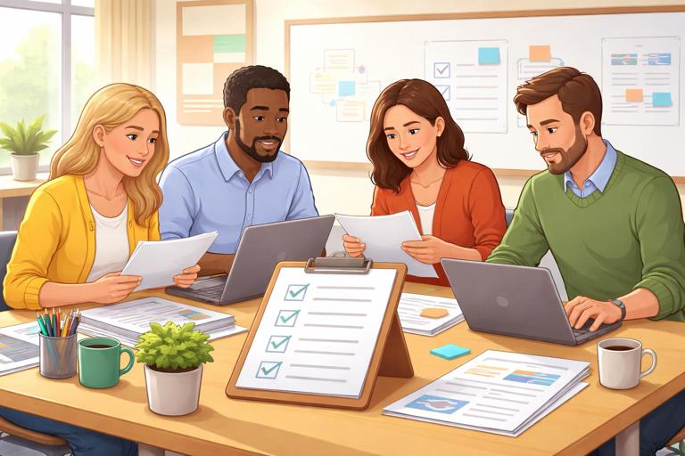 Illustration of a collaborative teacher team reviewing AI-generated lesson materials on laptops and paper, using a shared checklist on a clipboard, classroom setting, clean modern educational style, warm lighting, no text
