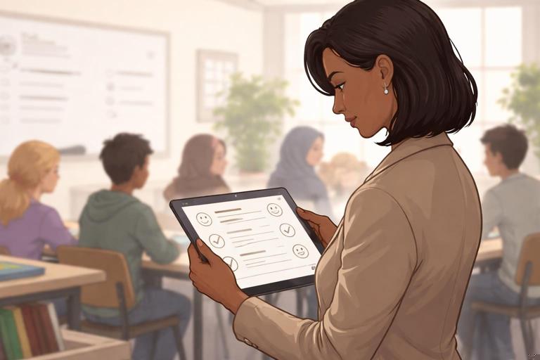 Classroom-appropriate content review scene: a teacher reading AI-generated feedback on a tablet with a checklist labeled tone and bias, diverse student silhouettes in background, calm neutral color palette, professional illustration, no text