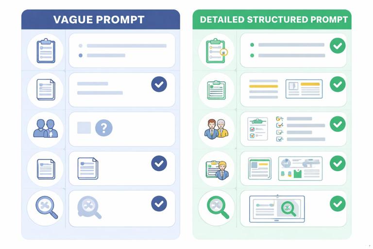 Split-screen educational illustration comparing a vague prompt versus a detailed structured prompt, with checkmarks, table layout, and clear labels like task, input, audience, constraints, format, self-check shown as icons, clean vector style, no text