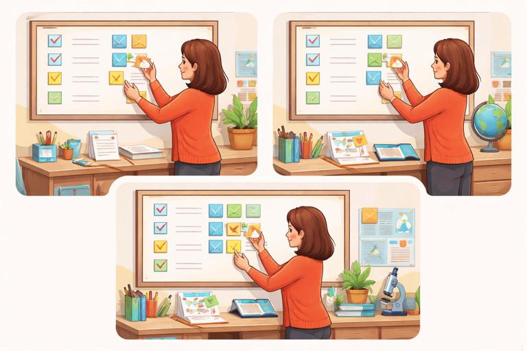 Visual metaphor of an evolving checklist system: a teacher updating a checklist on a wall board with sticky notes labeled vocabulary level, format, tone, while lesson materials improve over time, classroom office setting, clean illustrative style, no text