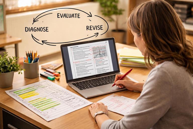 An educator at a desk reviewing an AI-generated worksheet on a laptop, with a printed rubric checklist beside it, red pen marking notes, arrows showing an iterative loop (evaluate, diagnose, revise), warm classroom lighting, realistic photo style