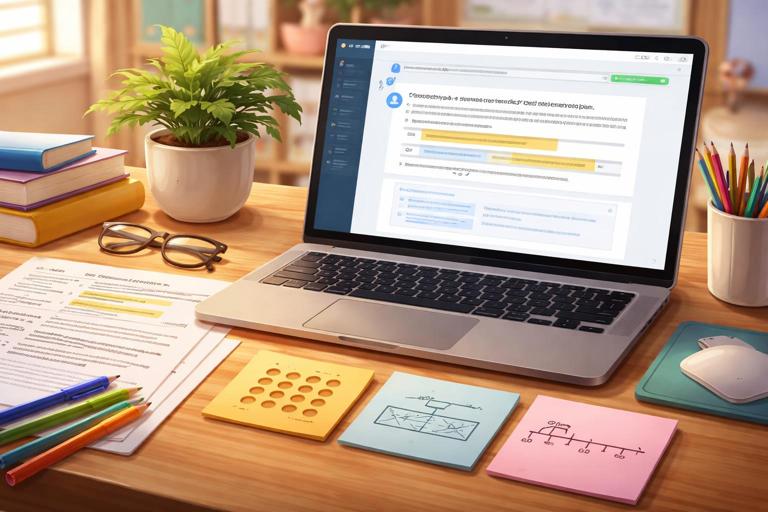 Illustration for a teacher planning a standards-aligned lesson with AI: a desk scene with a laptop showing an AI planning interface, a printed standards sheet with highlighted skill phrase and content phrase, and visual math models (array, tape diagram, number line) on sticky notes; clean classroom aesthetic, realistic, warm lighting, high detail, no text.