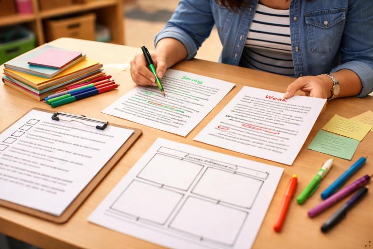 Classroom ELA planning scene: a teacher at a table reviewing two student model paragraphs labeled strong and weak (no readable text), with a checklist of success criteria, linking words highlighted, and a simple writing organizer template on paper; warm, realistic style, shallow depth of field, high detail, no text.