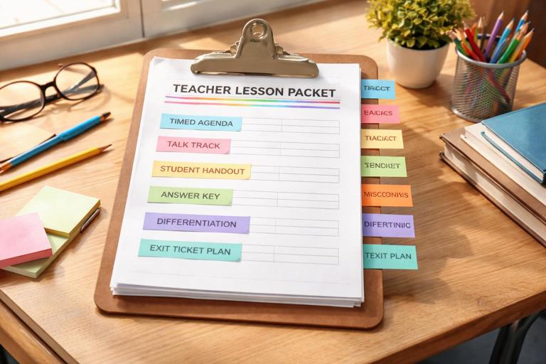 A neatly assembled teacher lesson packet on a clipboard with labeled sections (timed agenda, talk track, student handout, answer key, misconceptions, differentiation, exit ticket plan), with tabs or sticky flags; realistic classroom desk, soft natural light, photo-realistic, no readable student data.