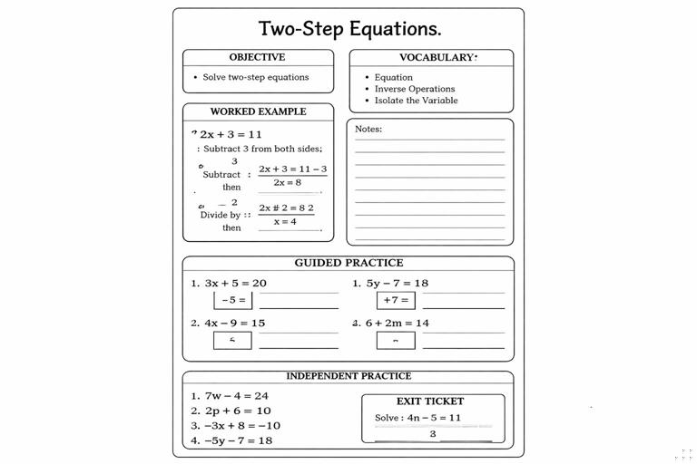 A one-page student math handout layout for Grade 7 two-step equations: objective box, vocabulary box, one worked example with annotation space, guided practice with first-step boxes, independent practice with two challenge negatives, and a small exit ticket; clean black-and-white printable design, no brand marks.