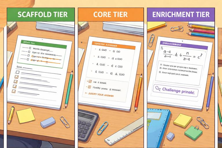 Split-panel educational illustration showing three math task tiers on a desk: scaffold tier with a worked example and checklist, core tier with standard problems and justification prompts, enrichment tier with an equation with parameters and a challenge prompt; neat classroom desk, pencils, paper, modern clean style, no readable text.