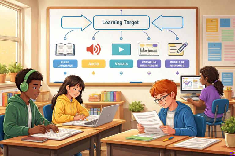 Illustration of a classroom planning board showing a fixed learning target at the top and multiple pathways below (clear language, audio, visuals, templates, choice of response). Diverse middle-school students use different supports (headphones for TTS, graphic organizer, large-print handout) while working on the same task. Clean, modern educational style, warm lighting, no text labels.