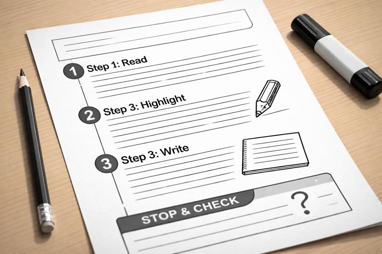 Close-up illustration of a student handout redesigned for clarity: short paragraphs, numbered steps, clear headings like Step 1 Read, Step 2 Highlight, Step 3 Write, and a small stop-and-check question box. Minimalist black-and-white worksheet style on a desk with pencil and highlighter, shallow depth of field, no readable text.