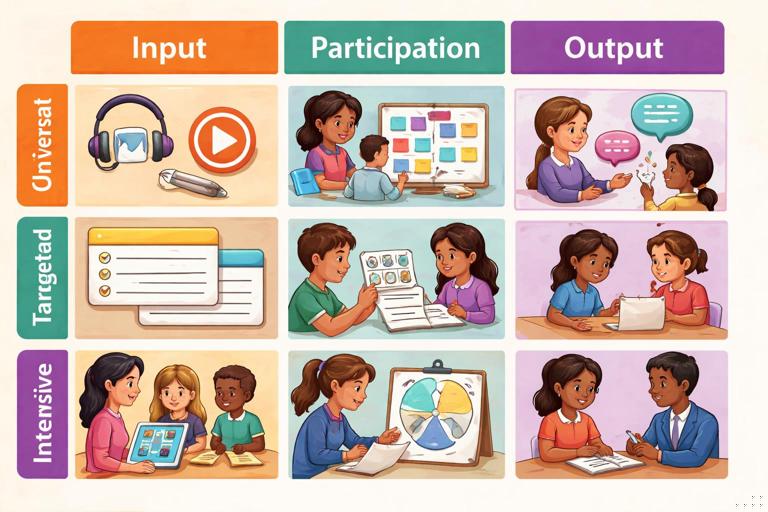 Illustration of a teacher planning sheet divided into three columns labeled Input, Participation, Output, and three rows labeled Universal, Targeted, Intensive. Icons show options like audio, sentence frames, graphic organizers, and oral response. Diverse classroom setting, neat infographic-like layout, no readable text.