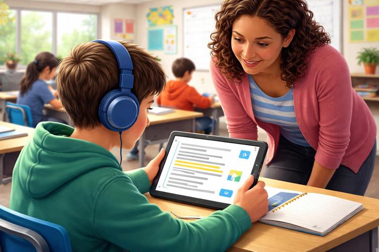 Illustration of a student using a tablet with a screen reader or TTS interface: headphones on, text highlighted line-by-line, and a teacher nearby. The page shows clear headings and short paragraphs, with an alt-text icon next to a simple chart. Inclusive classroom environment, realistic digital art, no readable text.