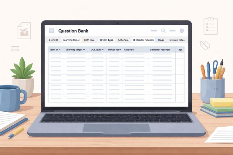 Create an illustration of a clean, modern spreadsheet-style question bank template on a laptop screen with labeled metadata fields (Item ID, Learning target, DOK level, Item type, Answer key, Rationale, Distractor rationales, Tags, Revision notes). Include subtle education icons (clipboard, tag, checklist) and a tidy desk setting. Flat design, high readability, neutral colors, no brand logos, no readable real student data.