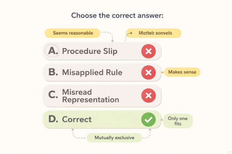 Illustration of a multiple-choice question with four options, where three wrong options are labeled as different misconceptions (procedure slip, misapplied rule, misread representation) and one correct option is labeled correct. Show parallel option formatting and small callouts explaining plausibility and mutual exclusivity. Clean educational infographic style, minimal text, neutral colors, classroom assessment theme.