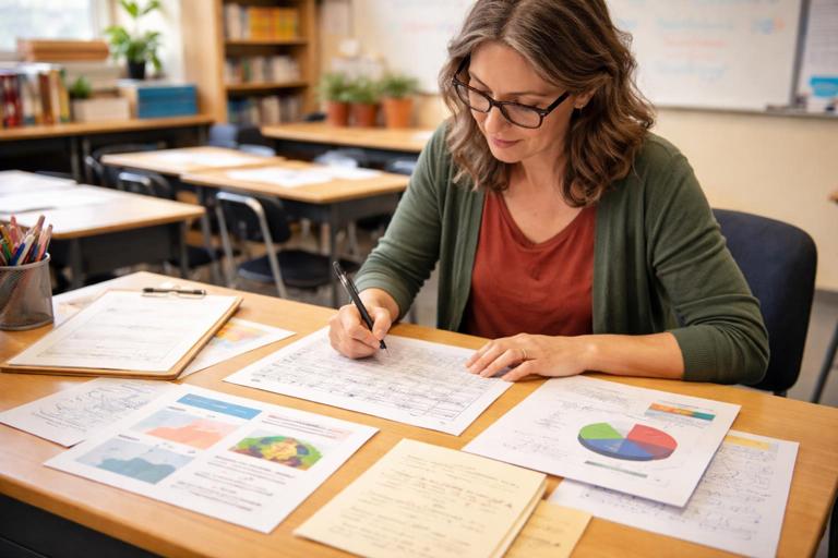 An educator at a desk refining a project assignment: a checklist, rubric grid, and student artifacts (slides, notes, chart) laid out clearly; soft classroom background, realistic documentary style, no text on the image.