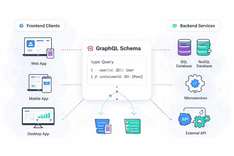 Illustration of a GraphQL schema as a central contract blueprint connecting frontend clients and multiple backend services (databases, microservices), with the schema in the middle as a clean typed graph; modern flat tech diagram style, readable labels, high contrast, 16:9