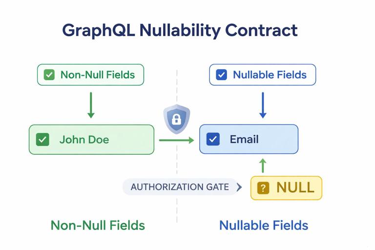 Diagram showing GraphQL nullability contract: fields marked non-null vs nullable, with an authorization gate causing null for restricted field; clean instructional infographic, minimal icons, 16:9