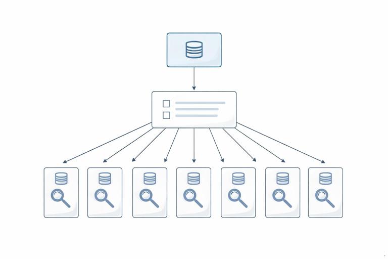 Illustration of a GraphQL query execution causing the N+1 problem: one database query fetching a list of posts, followed by many small queries fetching each post's author; show a simple diagram with a single box branching into many query boxes, clean technical style, no text labels