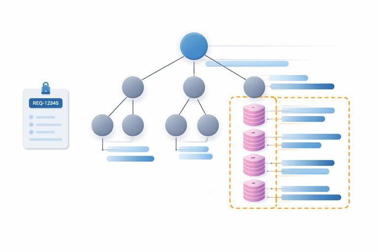 Diagram of GraphQL resolvers with tracing: a request ID, resolver tree, and a highlighted repeating nested field causing many identical database calls; clean modern schematic style, no text labels