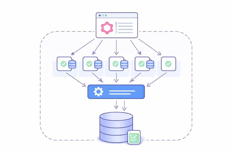 Conceptual illustration of request-scoped DataLoader: one GraphQL request context containing a loader that batches multiple load calls into one database fetch and caches results only within the request; clean schematic, modern flat design, no text labels