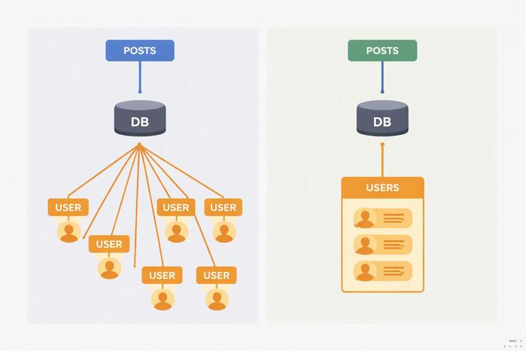 Before-and-after performance diagram for GraphQL DataLoader refactor: left side shows 1 query for posts plus many user queries; right side shows 1 posts query plus 1 batched users query; clean split-panel schematic, modern flat design, no text labels