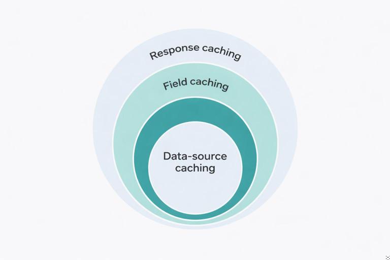 Illustration of concentric rings representing GraphQL caching layers: outer ring labeled Response caching, middle ring labeled Field caching, inner ring labeled Data-source caching; clean modern tech diagram style, dark text on light background, minimal, high readability.