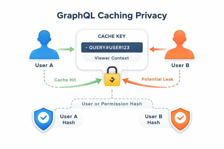 Security-themed illustration of GraphQL caching privacy: two user silhouettes, cache key with viewer context, lock icon, arrows showing potential leak prevented by including user or permission hash; clean flat vector style, professional, minimal labels.