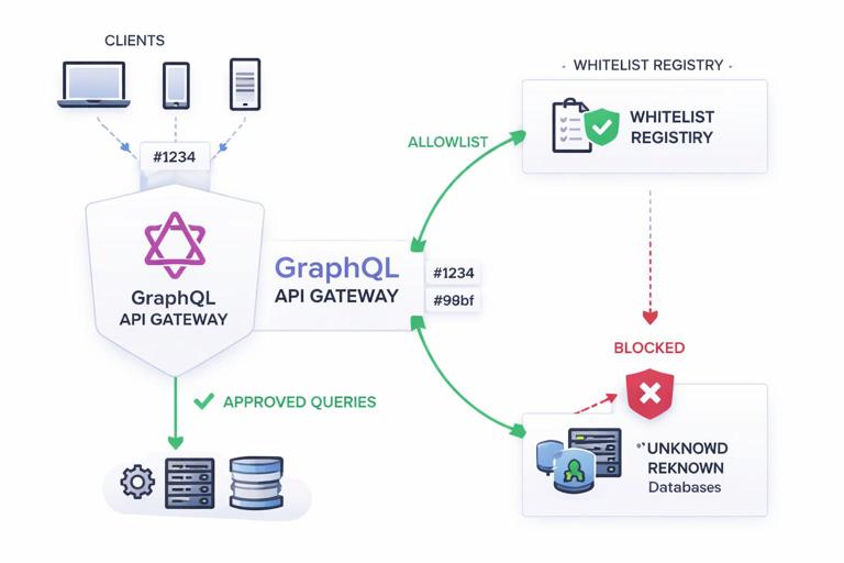 Illustration of a GraphQL API gateway acting as an allowlist gate: clients sending short hash IDs, a whitelist registry approving known operations, and blocked unknown queries stopped before reaching backend resolvers and databases; clean modern diagram style, high contrast, professional tech infographic.
