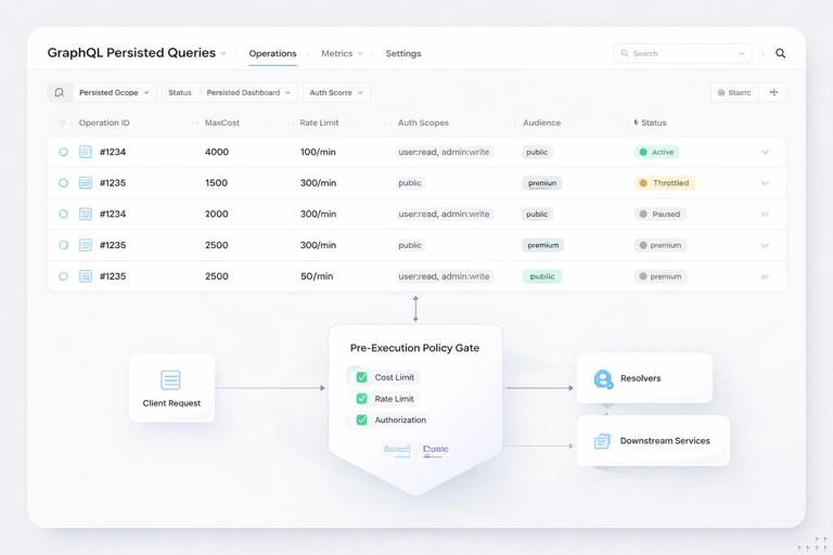 A clean operational control dashboard for GraphQL persisted queries showing operation IDs with metadata columns like maxCost, rate limit, auth scopes, audience, and status; with a pre-execution policy gate before resolvers and downstream services; modern UI mockup, professional, minimal, crisp lines.