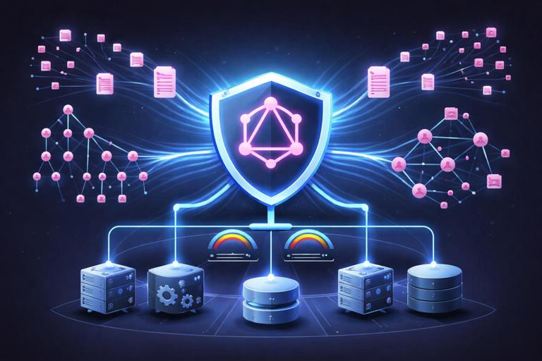 Illustration of a GraphQL server under load protection: a central API gateway with a shield icon, incoming query documents branching into deep nested trees and wide fan-out graphs, gauges for CPU and memory, downstream microservices and a database behind the gateway, clean modern flat tech style, readable but no text labels, high resolution.