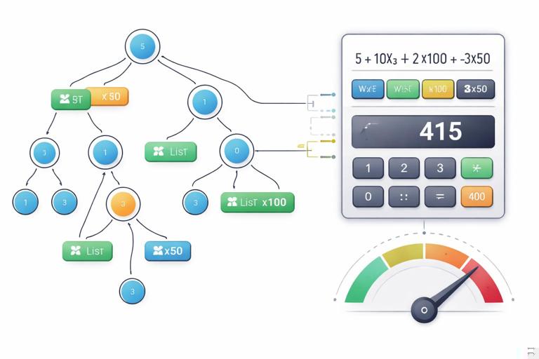 Diagram-style illustration of GraphQL query complexity scoring: a query AST tree with nodes labeled as fields, some nodes marked expensive with higher weights, list nodes showing multipliers (e.g., x100), a calculator-style summation producing a total score compared to a threshold gate, clean vector tech aesthetic, no text labels, high resolution.