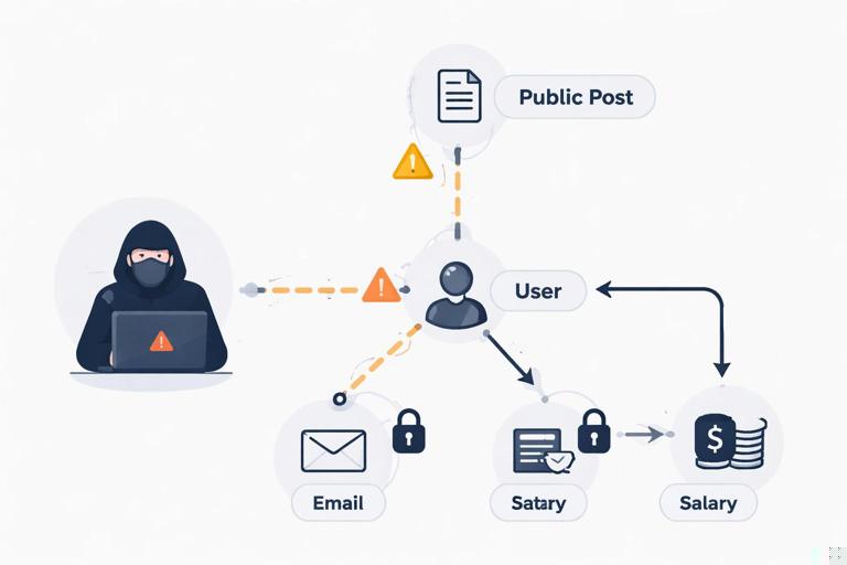 Illustration of a GraphQL query graph where an attacker traverses relationships from a public node to reach a sensitive data node (email, salary), with highlighted edges and lock icons on protected fields; clean modern flat vector style, dark-on-light, security theme, no text.