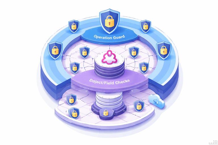 Layered security diagram for a GraphQL server showing three concentric layers: operation guard, object/field checks, and data layer tenant filtering; clean isometric or flat infographic style, locks and shields, no text.