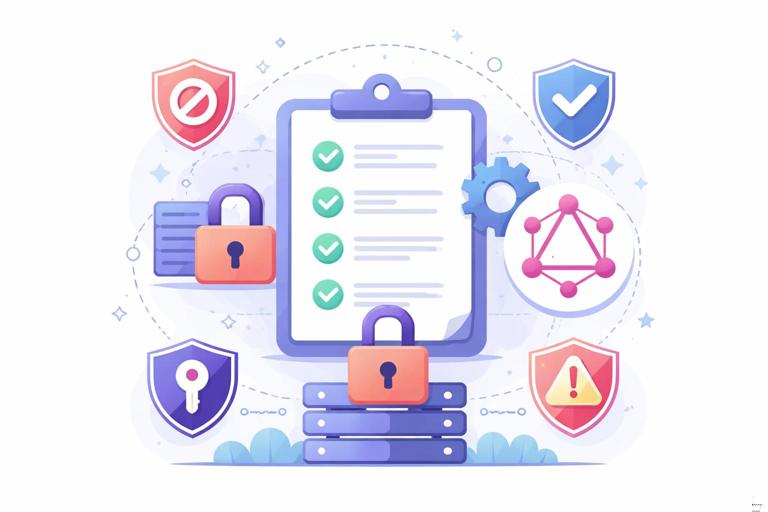 Security best-practices checklist concept art for GraphQL authorization: deny-by-default, centralized policies, permission-based checks, consistent errors; clean flat illustration with icons (lock, checklist, shield, graph), no text.