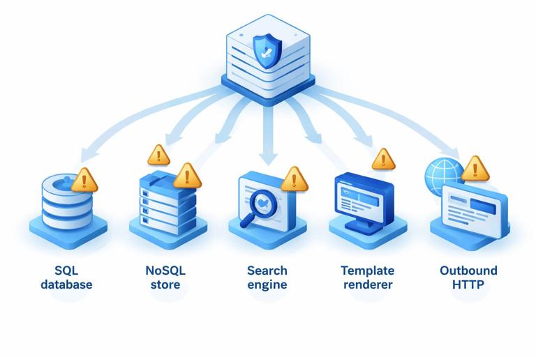 Security infographic showing resolver inputs flowing into multiple downstream systems: SQL database, NoSQL store, search engine, template renderer, shell/command, and outbound HTTP; highlight risk points with warning icons; clean isometric style, no text.