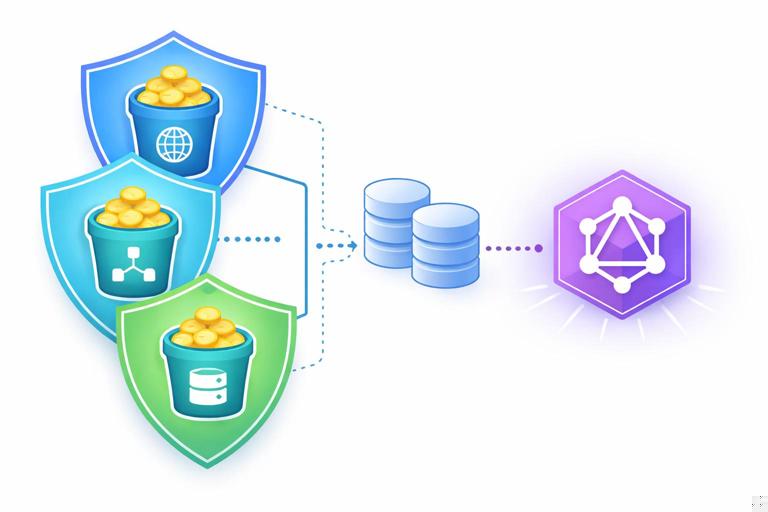 Layered rate limiting diagram for a GraphQL API: global request limit, operation-specific limit, and resource-based limit (resolver/data source) stacked as shields in front of a single endpoint; include token bucket iconography; clean technical vector style, no text.