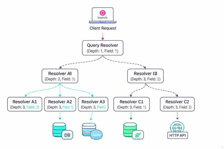 Illustration of a GraphQL request flowing through multiple resolvers: a client request branching into a resolver tree with depth and field counts annotated, plus icons for database, cache, and HTTP downstream calls; clean technical diagram style, high contrast, readable labels, 16:9.