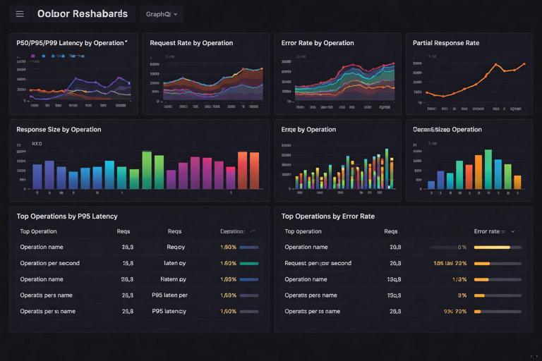 Observability dashboard for a GraphQL API: panels showing p50/p95/p99 latency by operationName, request rate, error rate, partial response rate, and response size; plus two tables top operations by p95 latency and top operations by error rate; clean monitoring UI, dark or light theme, 16:9.