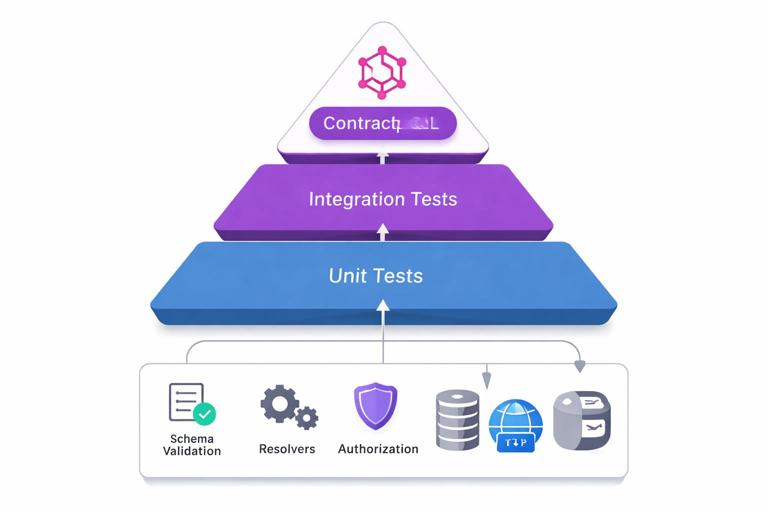 Illustration of a three-layer testing strategy for a GraphQL API: unit tests, integration tests, and contract tests stacked like a pyramid. Include a single GraphQL endpoint feeding into schema validation, resolvers, authorization, and multiple data sources (database, HTTP service, queue). Clean modern technical diagram style, flat design, high contrast, no text.