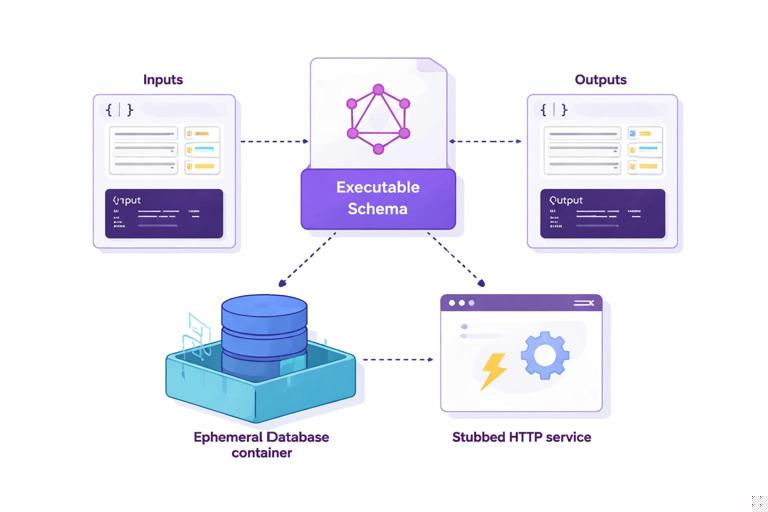 A GraphQL integration testing scene: an executable schema being tested directly (no HTTP) with inputs and outputs shown, connected to an ephemeral database container and a stubbed HTTP service. Minimalist technical illustration, flat vector style, clean lines, no text.