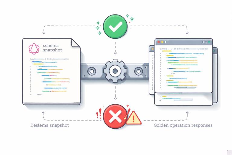 Conceptual illustration of GraphQL contract testing: a printed schema snapshot file on one side, and golden operation responses on the other, both being compared in a CI pipeline with a checkmark or fail indicator. Clean vector style, no text, neutral colors.