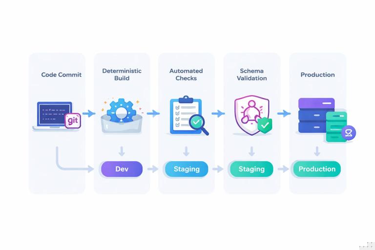 Illustration of a CI/CD pipeline for a GraphQL API: code commit flowing through deterministic build, automated checks, schema artifact validation, then promotion from dev to staging to production; clean modern flat design, labeled stages, subtle server and schema icons, no text blocks beyond simple labels.