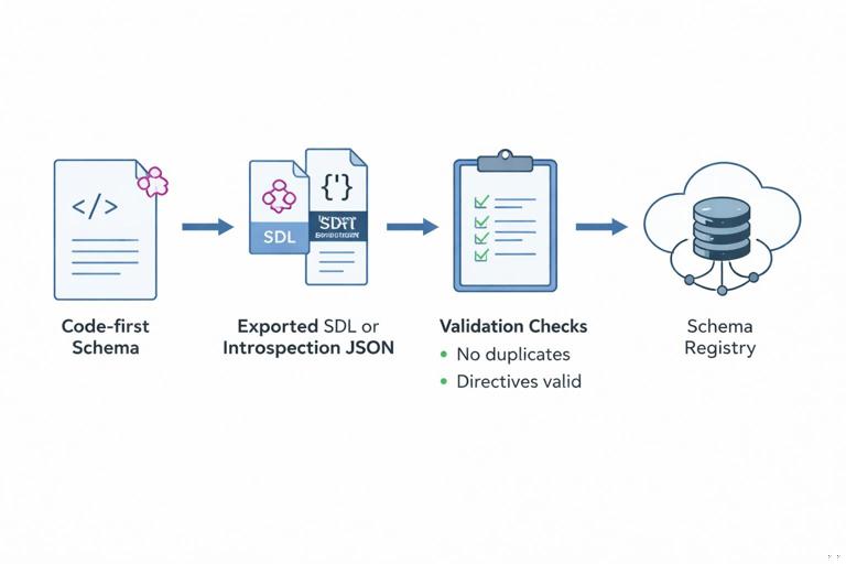 Diagram showing GraphQL schema artifact generation in CI: code-first schema -> exported SDL or introspection JSON -> validation checks (no duplicates, directives valid) -> publish to schema registry; clean technical illustration, simple icons for schema file, registry, checkmarks, no paragraphs of text.
