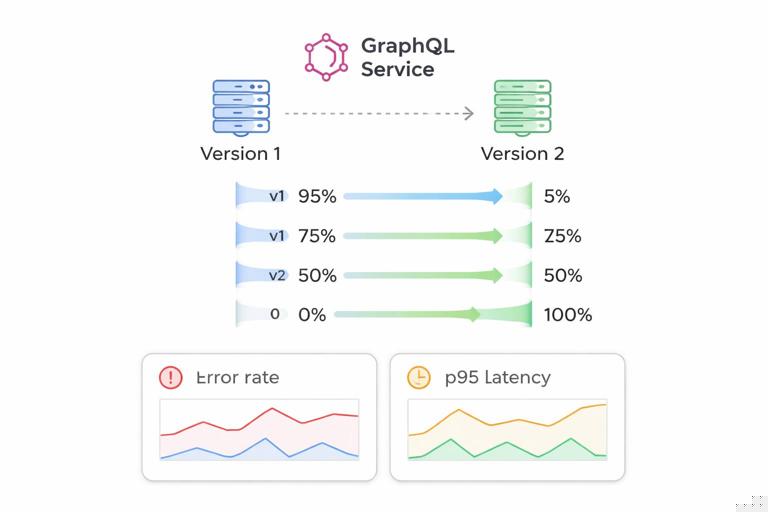 Canary deployment visual for a GraphQL service: two versions running side by side, traffic split 95/5 then 75/25 then 50/50 then 0/100, monitoring panels for error rate and p95 latency, clean minimal infographic style, neutral colors, no long text.
