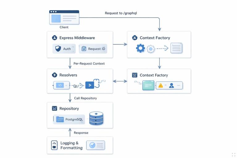 Illustration of a GraphQL request flow: client request to /graphql, Express middleware adds request ID and auth, context factory builds per-request context, resolvers call a repository, repository queries PostgreSQL, response returns with logging and error formatting. Clean technical diagram, modern flat style, neutral colors, no logos.