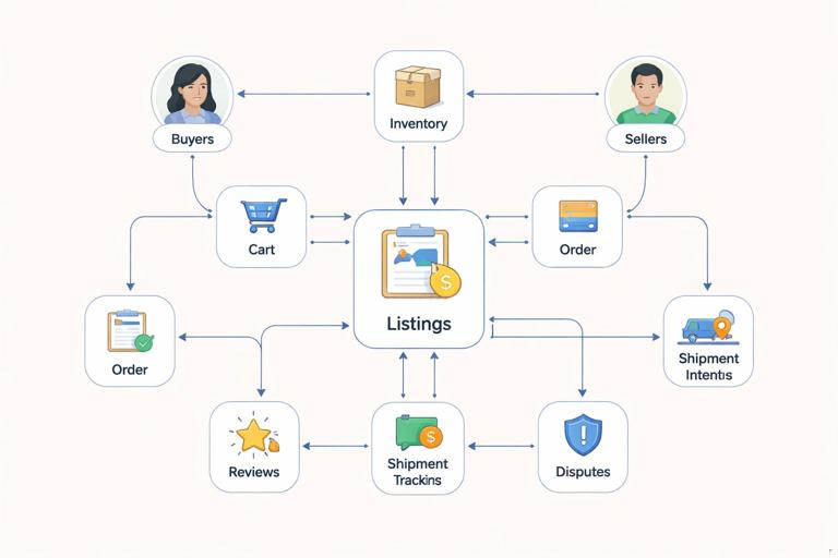 Illustration of a marketplace domain model diagram: buyers and sellers connected to listings, inventory, cart, order, payment intent, shipment tracking, reviews, and disputes; clean modern UI style, flat design, neutral background, clear labeled nodes and arrows.